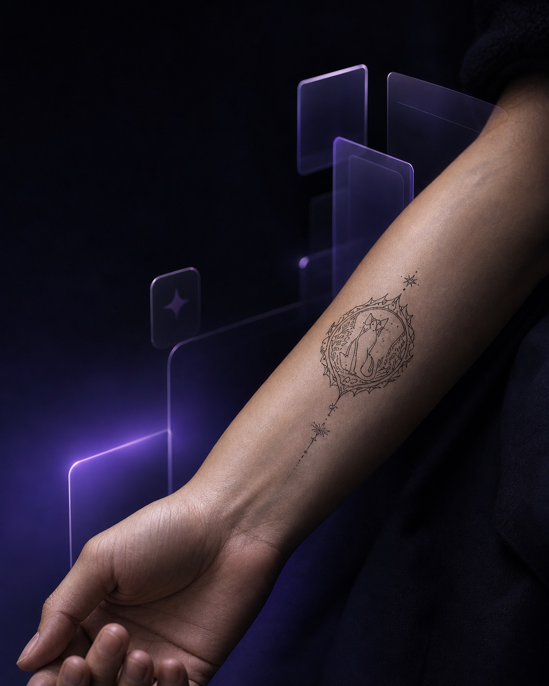 Fine-line tattoo preview on an arm, surrounded by violet glass-like creative controls.