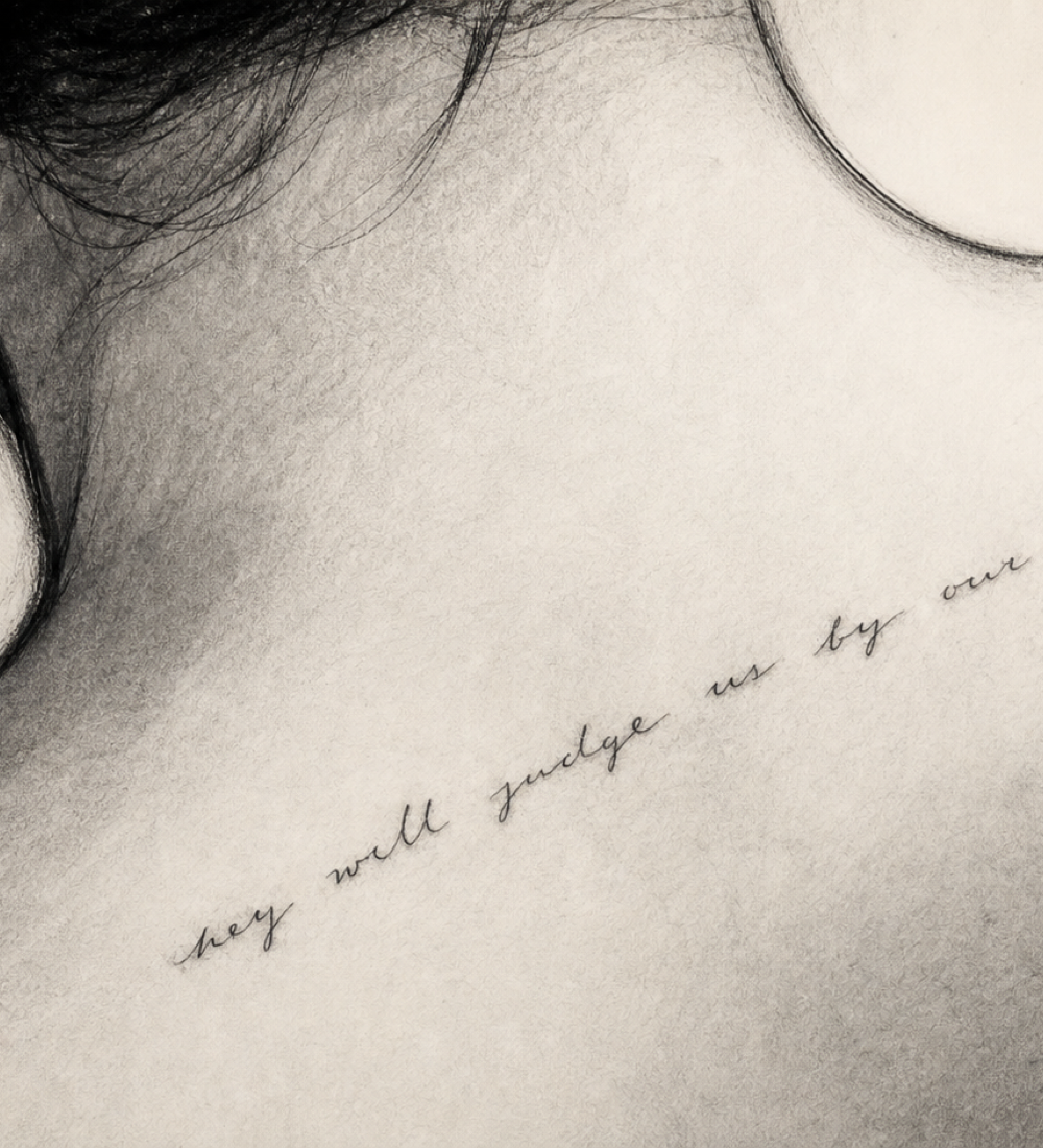 An original editorial illustration of an anonymous upper back with an abstract fine-line tattoo motif.