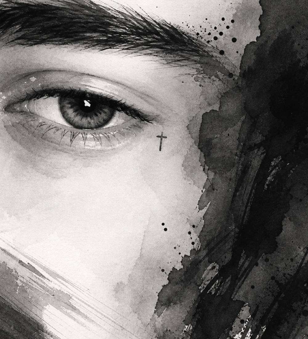 An original monochrome editorial illustration of an anonymous eye with a small cross motif below it.