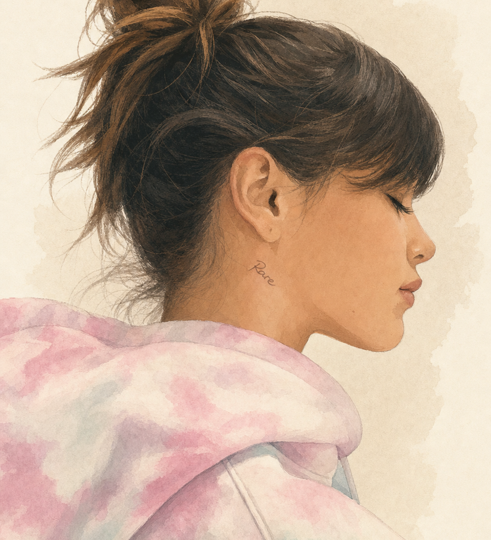 An original editorial illustration of an anonymous upper back with an abstract fine-line tattoo motif.
