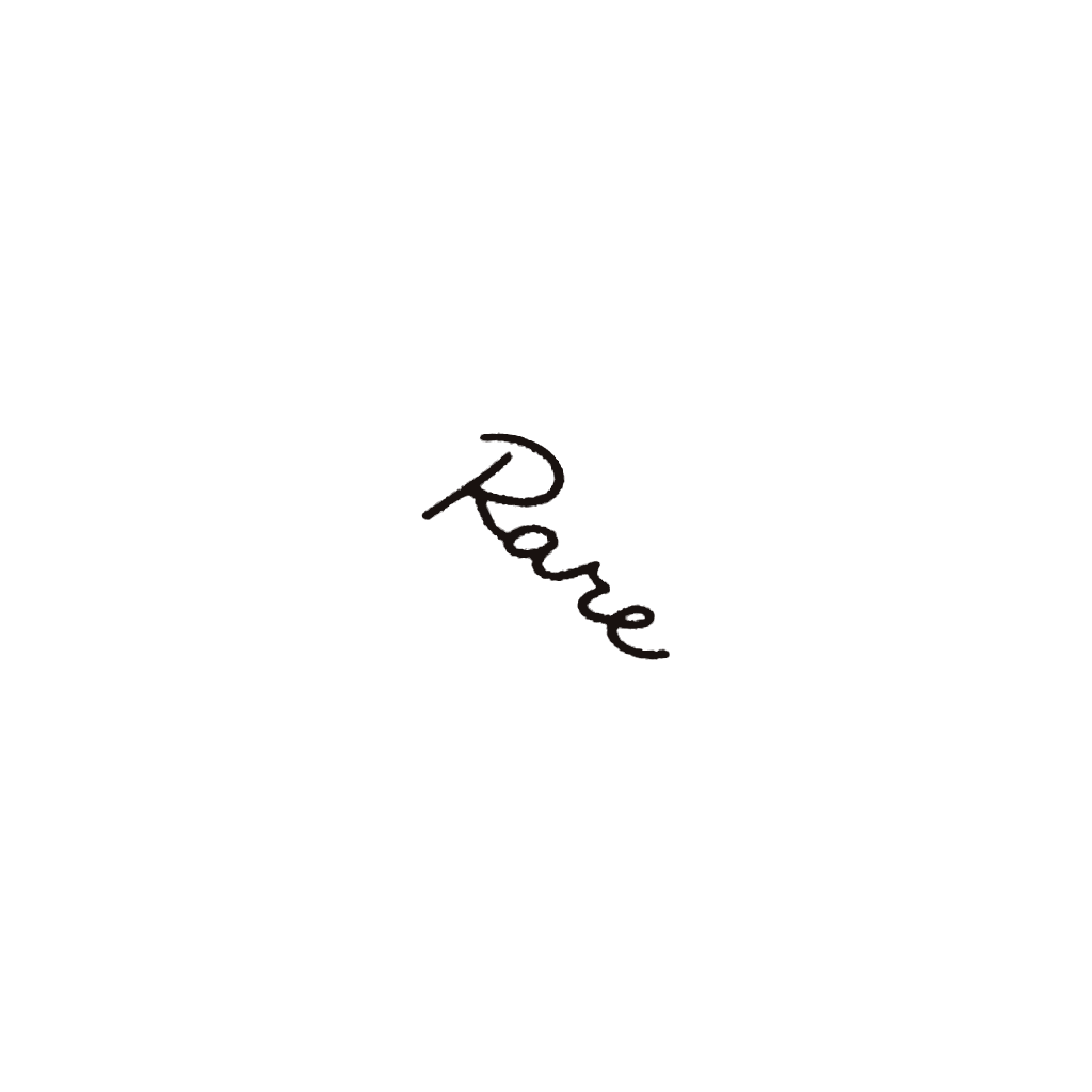 Source photo of Selena Gomez in profile, with the small cursive word Rare visible below her right ear