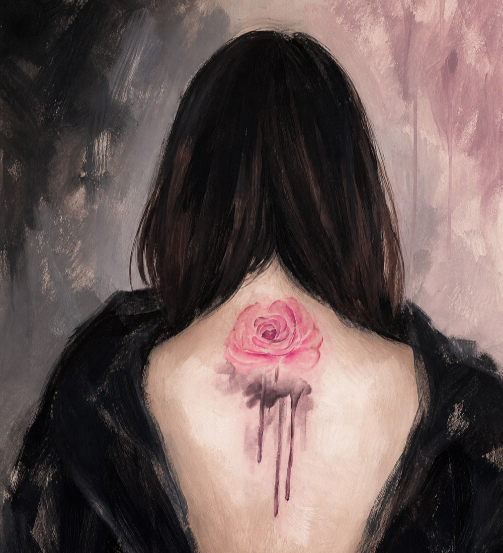 An original watercolor editorial illustration of an anonymous upper back with a pink rose and dark drip-like tattoo motif.