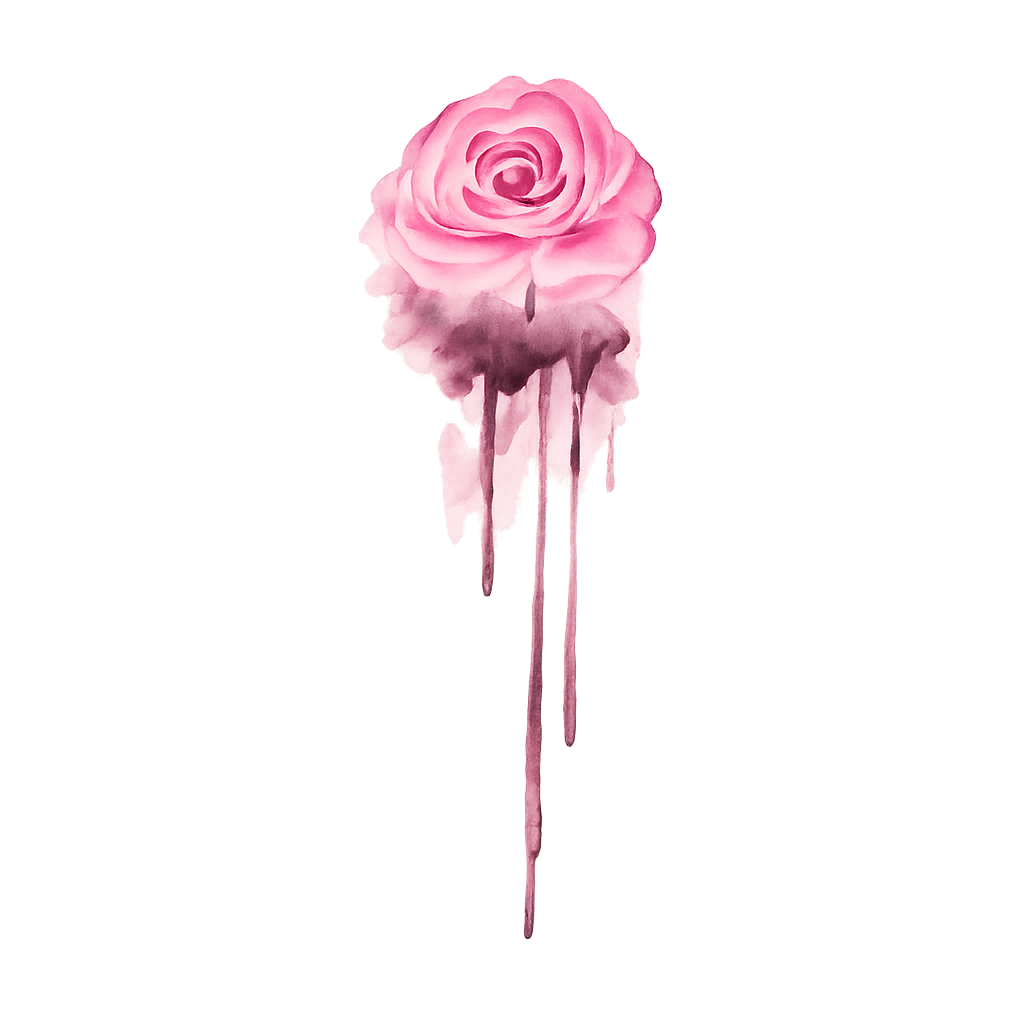 Source photo of Selena Gomez seen from behind with a pink watercolor rose tattoo and dark drip-like marks at the center of her upper back