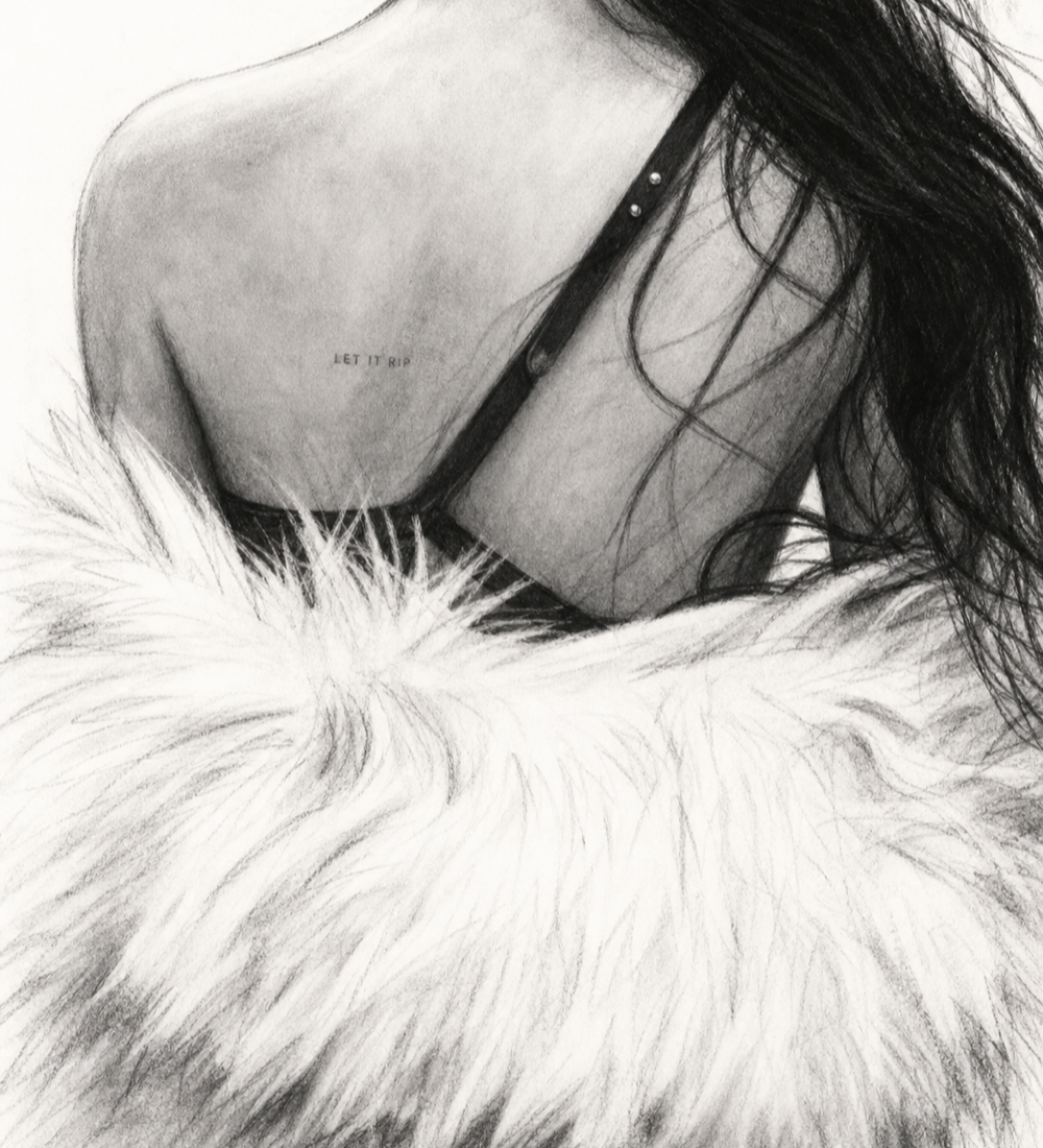 An original monochrome editorial illustration of an anonymous upper back with the words Let It Rip.
