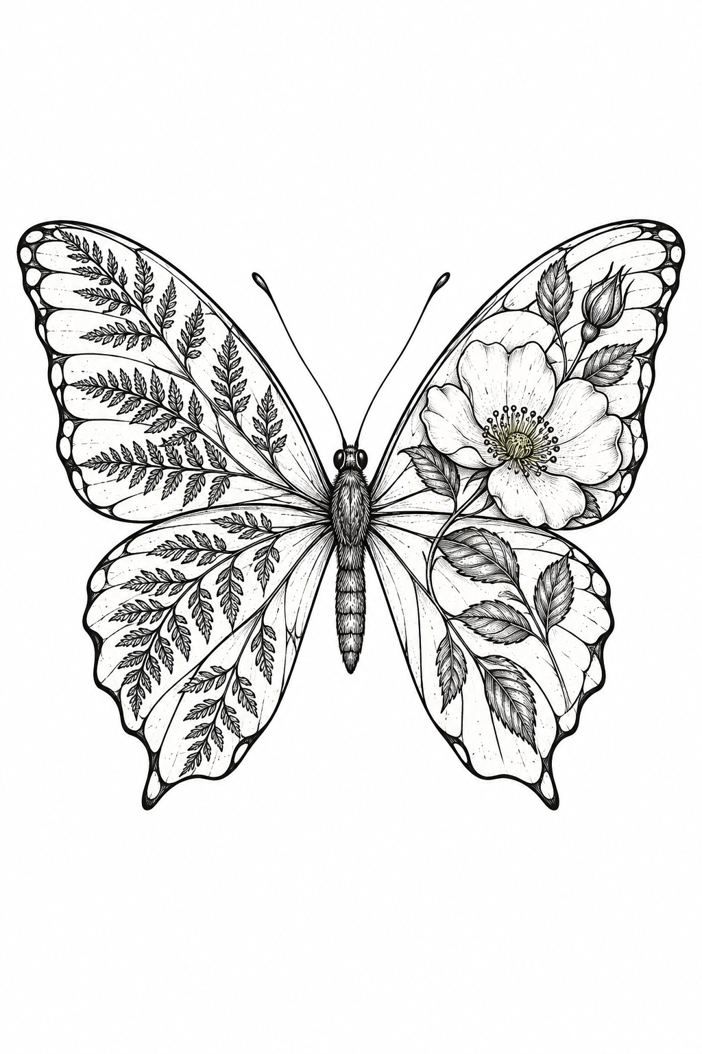 Original black line butterfly illustration with fern leaves across one wing and a flower across the other, on white paper.