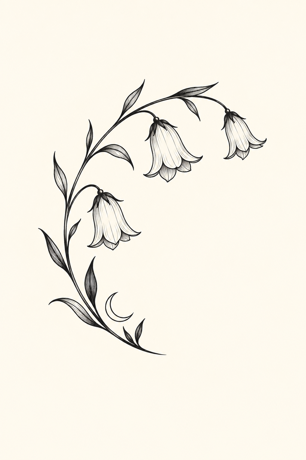Black line illustration of one arching stem with three separate hanging bell-shaped flowers and pointed leaves, forming an open C around a small crescent moon at lower left, on ivory paper.