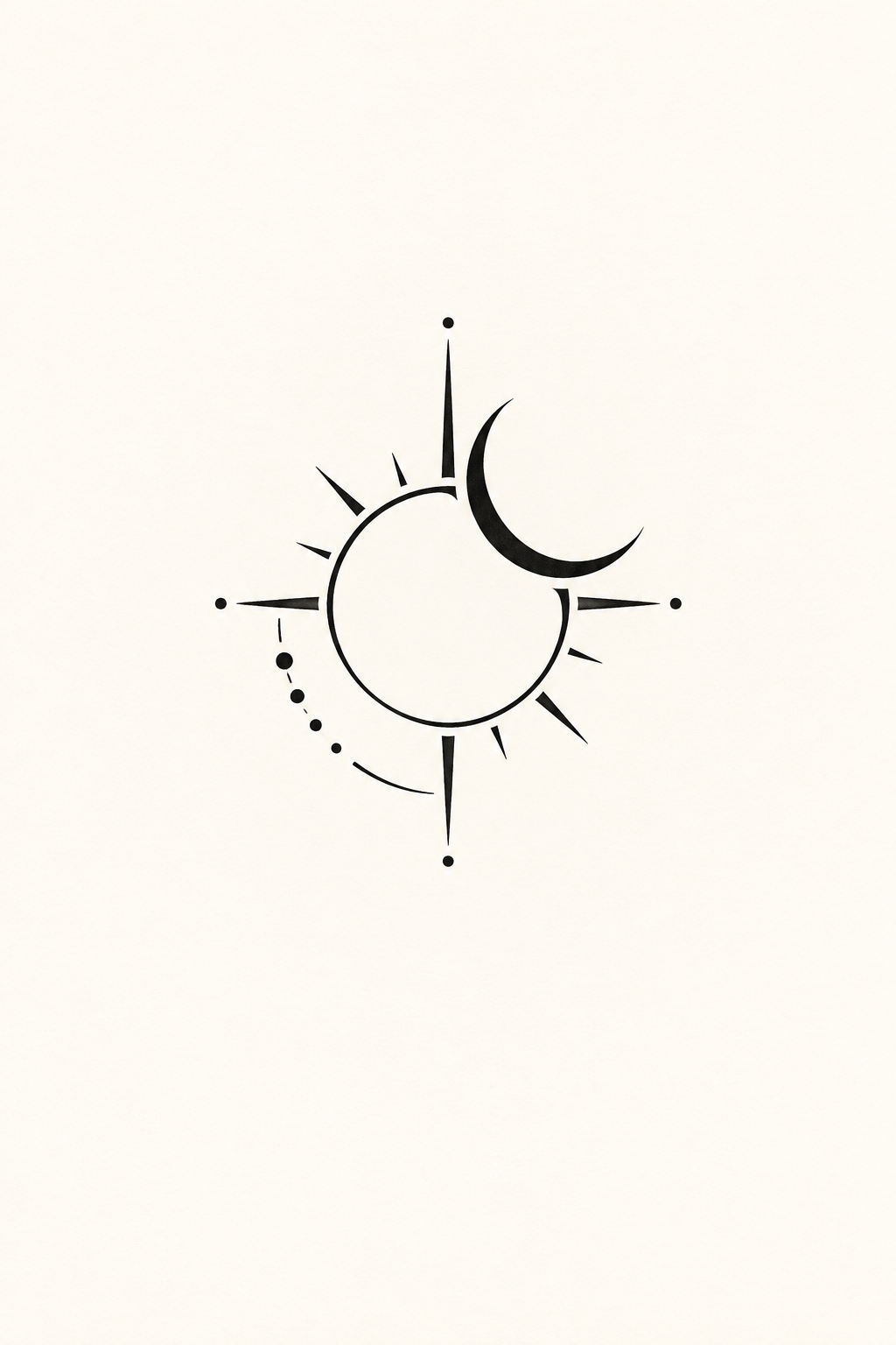 Black geometric illustration of an open sun ring with pointed directional rays, a filled crescent at upper right, and a broken dotted arc at lower left, on ivory paper.