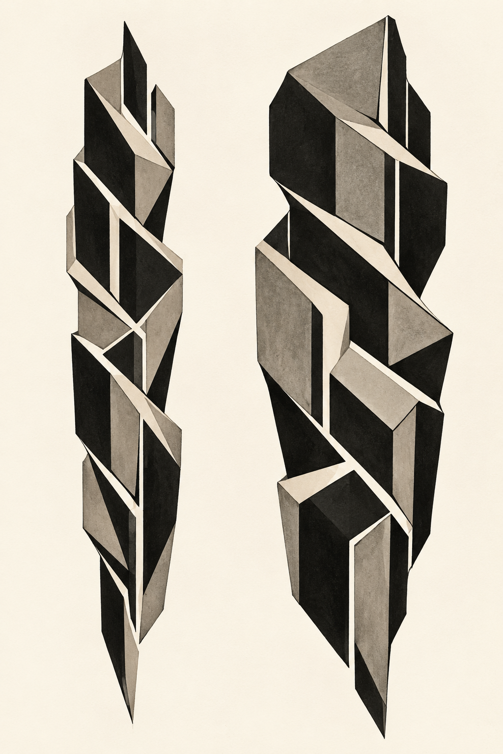 Two tall faceted black and gray geometric columns on ivory paper, a slim form at left and a wider form at right, each divided by pale diagonal gaps.