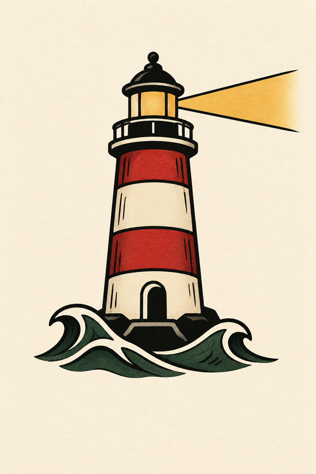 An upright red and ivory banded lighthouse with broad black outlines, a triangular ochre light beam, and two green and black wave shapes, on ivory paper.