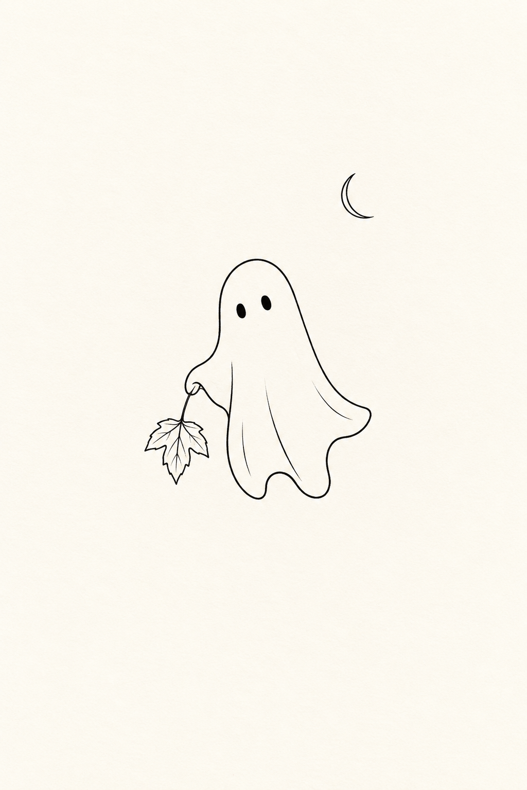 Black line illustration of a floating ghost with two oval eyes and a softly scalloped lower edge, holding one veined autumn leaf beneath a small crescent moon, on ivory paper.