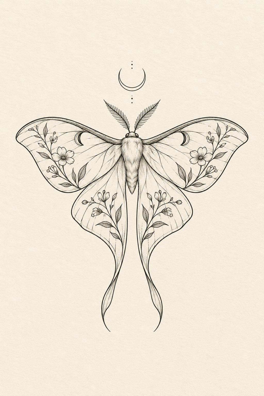 Fine-line illustration of a luna moth with wildflowers across its wings and a crescent moon above, on ivory paper.