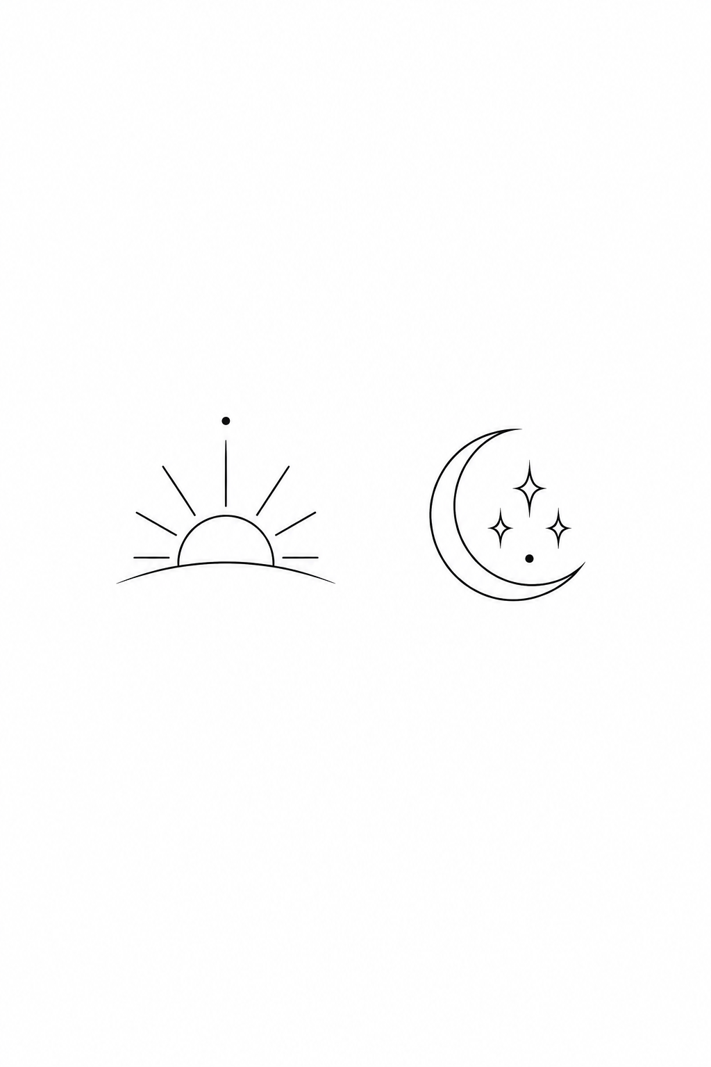 Original black line illustration of a small sunrise and a crescent moon with three stars as a matching tattoo pair, on white paper.
