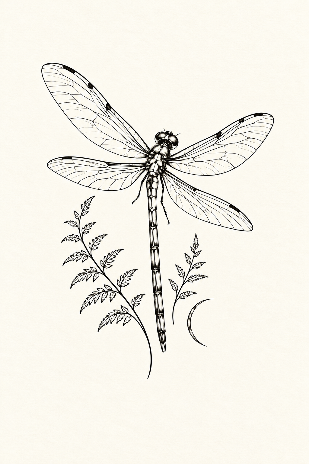 Black line illustration of a dragonfly with four open-veined wings, a long segmented abdomen, two unequal fern fronds and a small lunar arc at lower right, on ivory paper.
