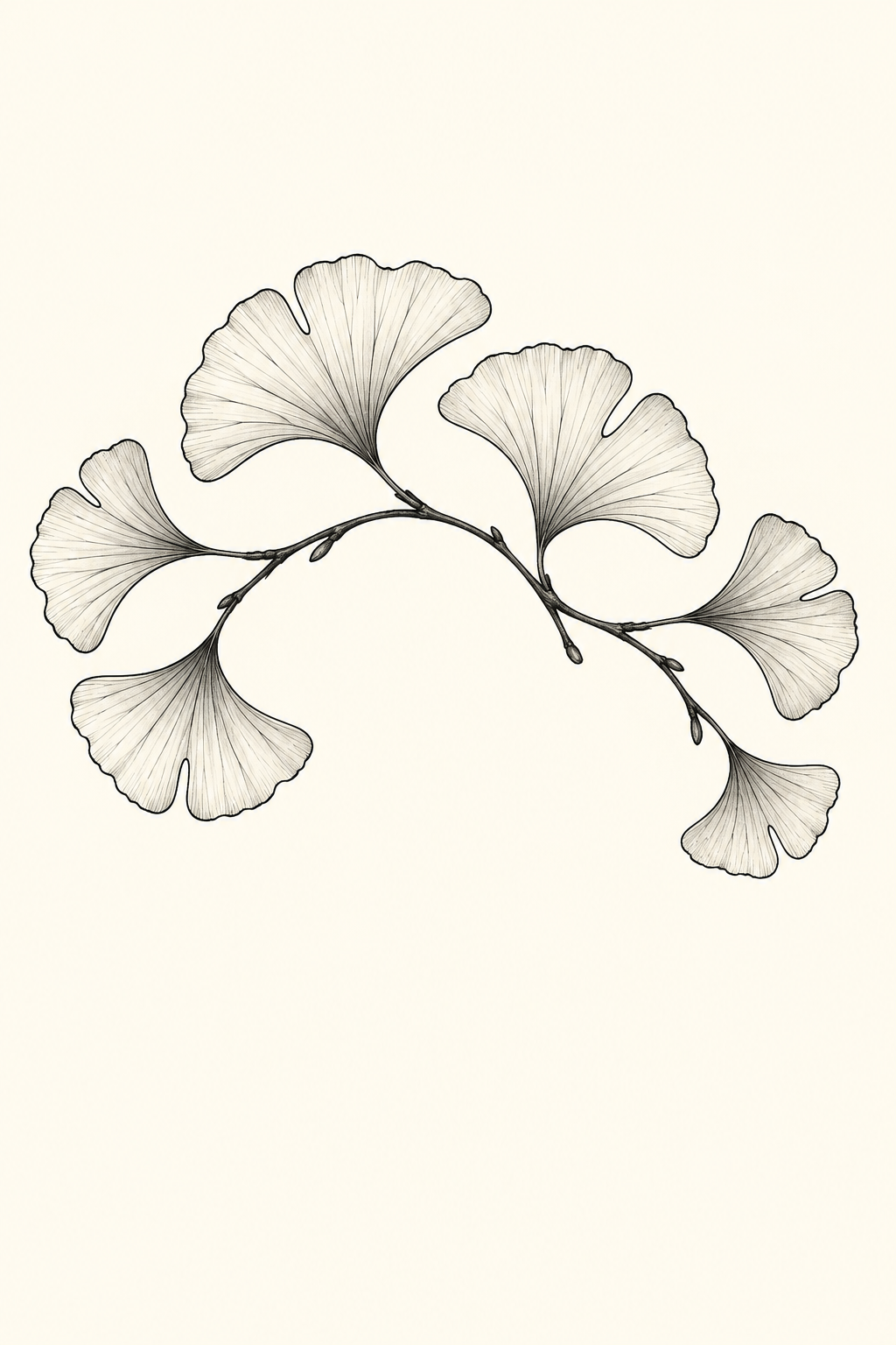 Black line illustration of broad ginkgo-like leaves with delicate veins, spreading along uneven branches in a curved fan around an open center, on ivory paper.