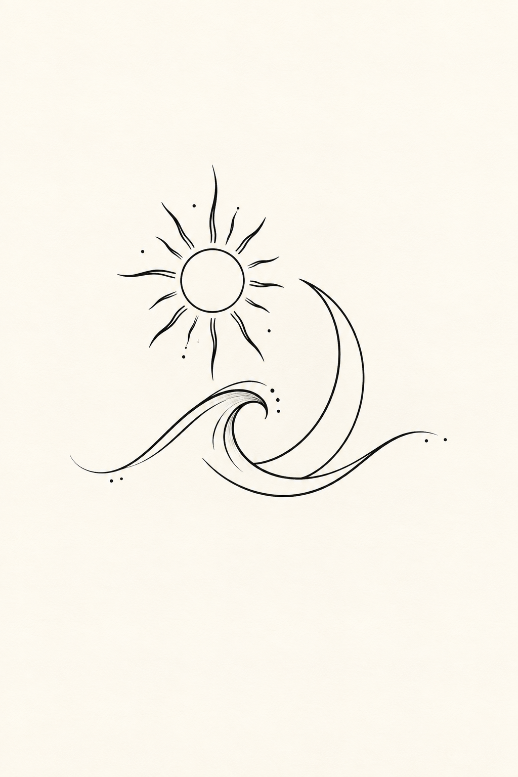 Black line illustration of a sun with flowing rays above and left of a large crescent moon, with a curling wave beneath and scattered dots, on ivory paper.
