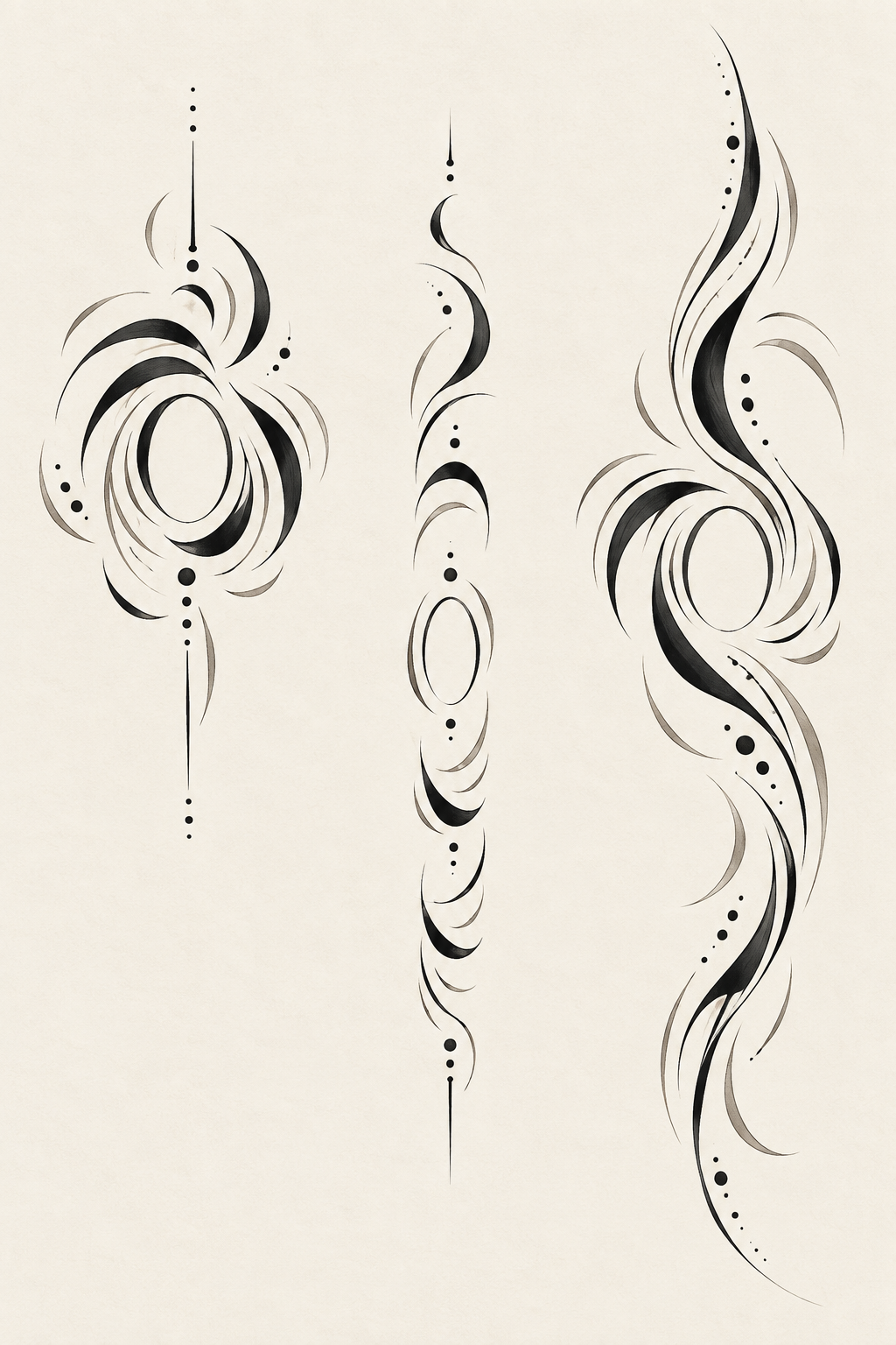 Three abstract black and gray ink arrangements on ivory paper: a circular mark at left, a narrow vertical mark in the center, and a taller sweeping mark at right.