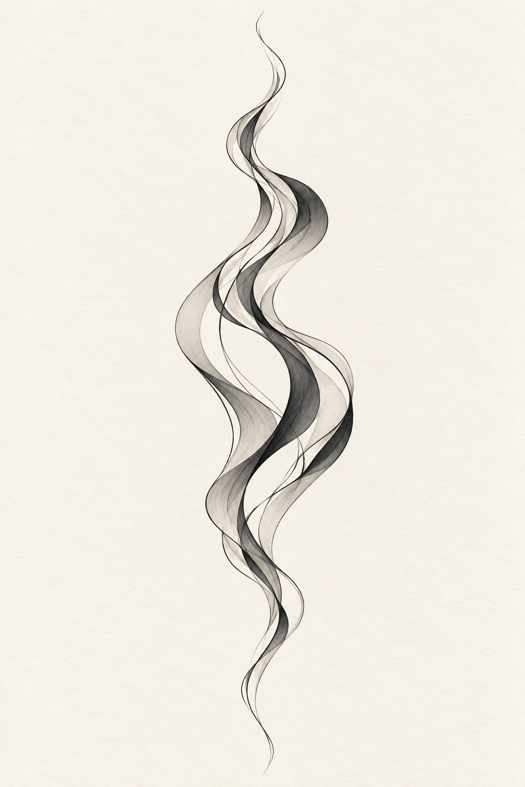 One tall column of overlapping black and gray ribbon-like curves, widening near the middle and tapering into fine wisps at both ends, on ivory paper.